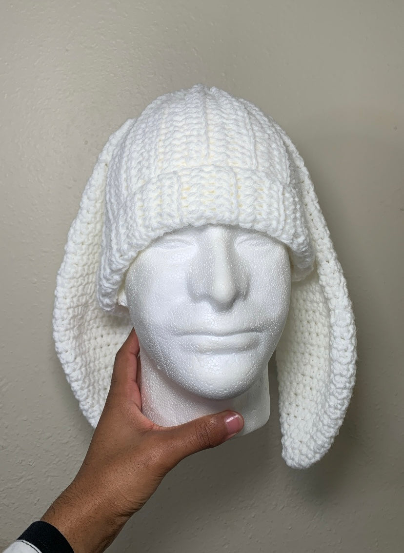 White Bunny Ear Ribbed Beanie